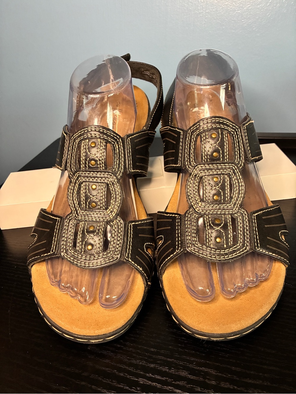 Clarks Black Leather Women's Adjustable Sandals with Braided Accent